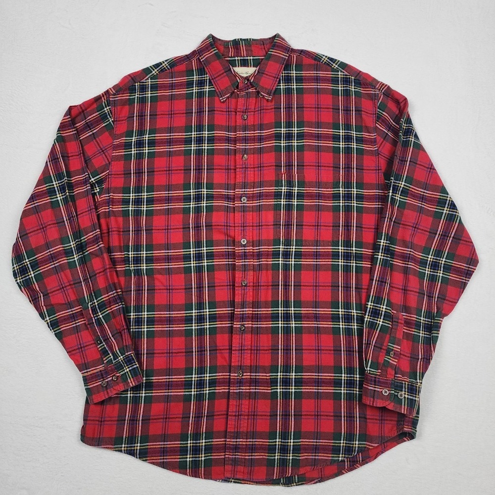 Vintage Eddie Bauer Shirt Mens XL Tall Red Plaid Flannel Button Up Outdoor